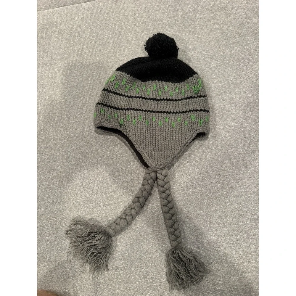 The North Face Gray Knit Earflap Beanie Hat Pom Pom Green Black Winter